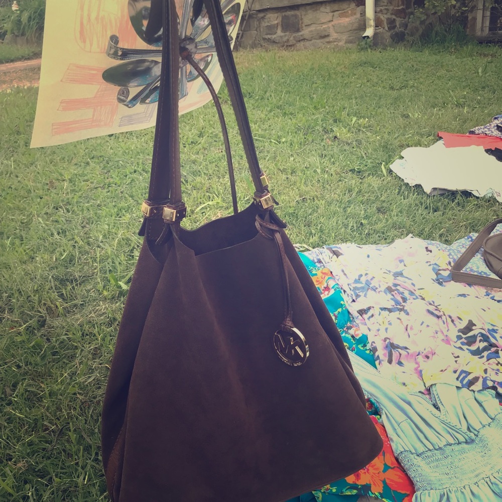 MK chocolate suede body/leather strapped handbag